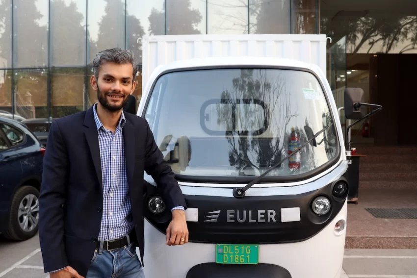 Euler Motors founder and chief executive Saurav Kumar with the startup’s three-wheeler vehicle HiLoad