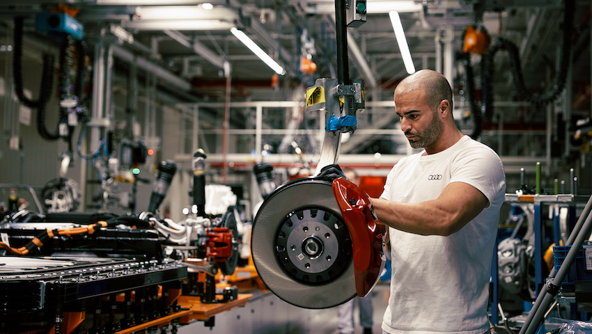 Wheel brake of an Audi Q8 e-tron during assembly in Brussels.