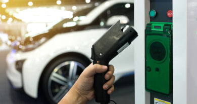 Electric vehicle charging station for home with EV car background
