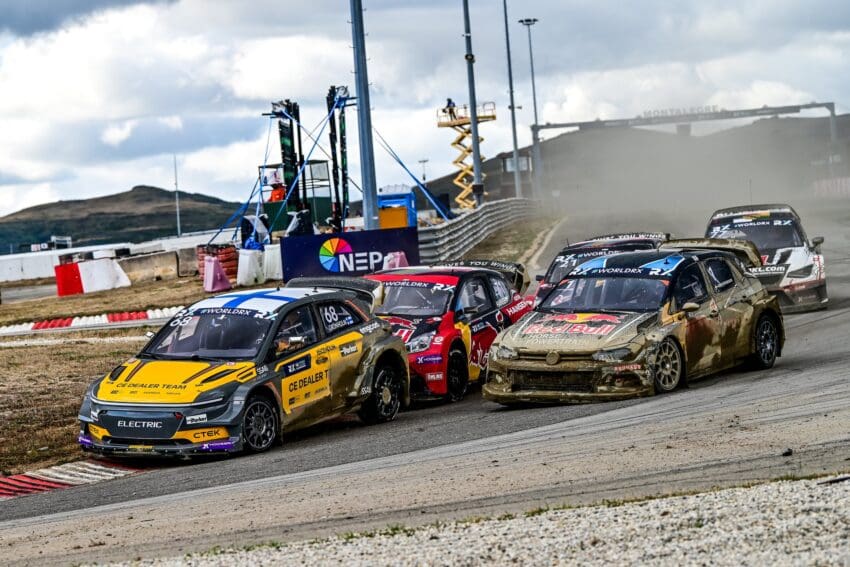 Niclas-Gronholm-leads-eventual-WorldRX-title-winner-Johan Kristofferson-and-championship-runner-up-Kevin-Hansen-in-EV-vs-ICE-at Portugal-RX